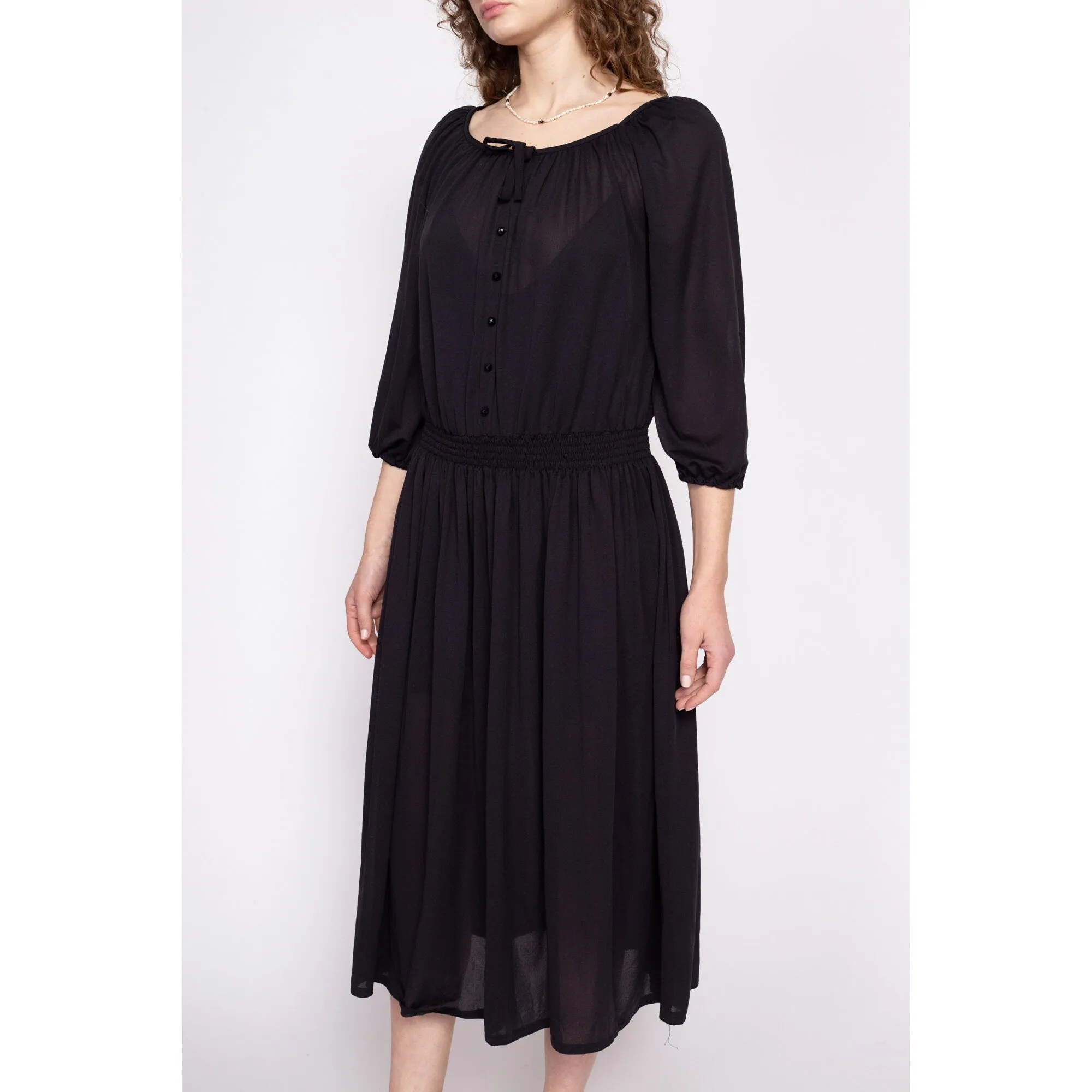 70s Kay Windsor Sheer Black Midi Dress - Medium to Large