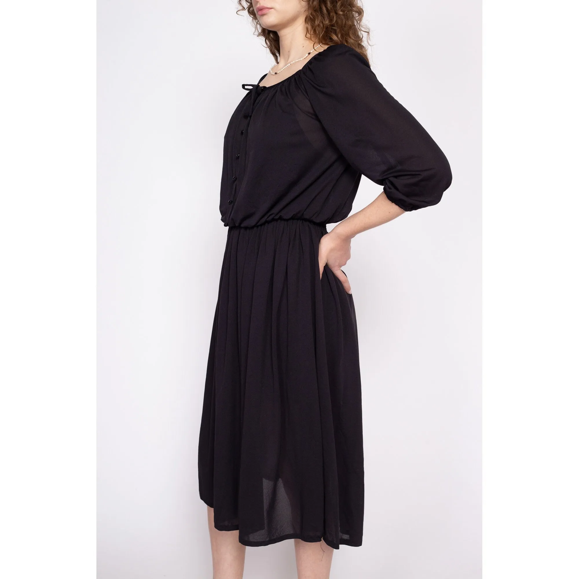 70s Kay Windsor Sheer Black Midi Dress - Medium to Large