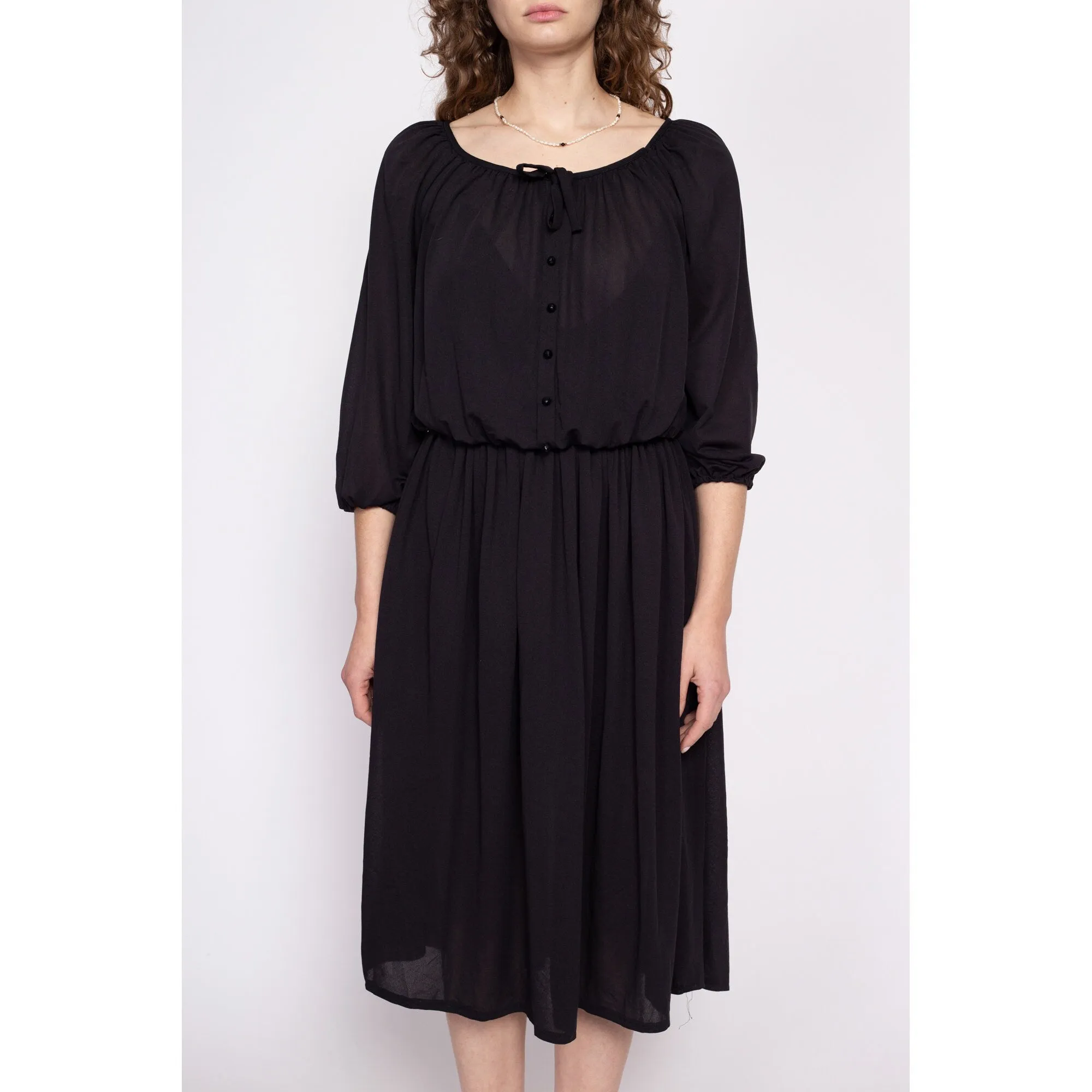 70s Kay Windsor Sheer Black Midi Dress - Medium to Large