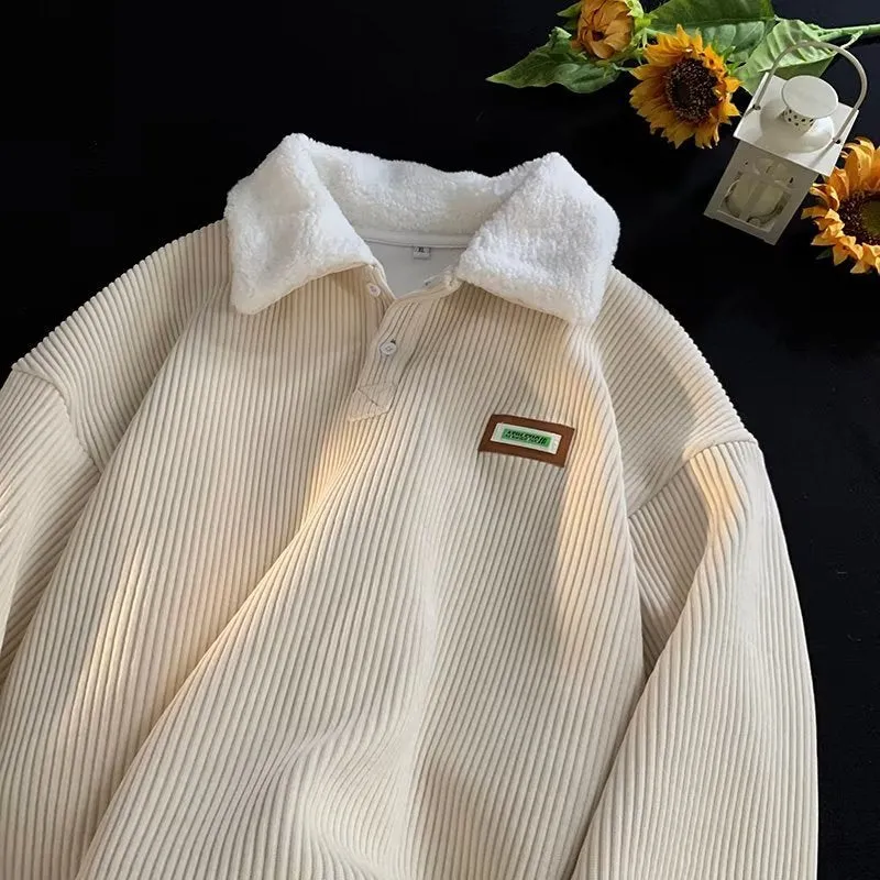 Advbridge fall outfits men Corduroy Polo Collar Sweater Men's Winter New Fleece-lined Thickened Lamb Wool Coat Men's Winter Hong Kong Style Teenagers