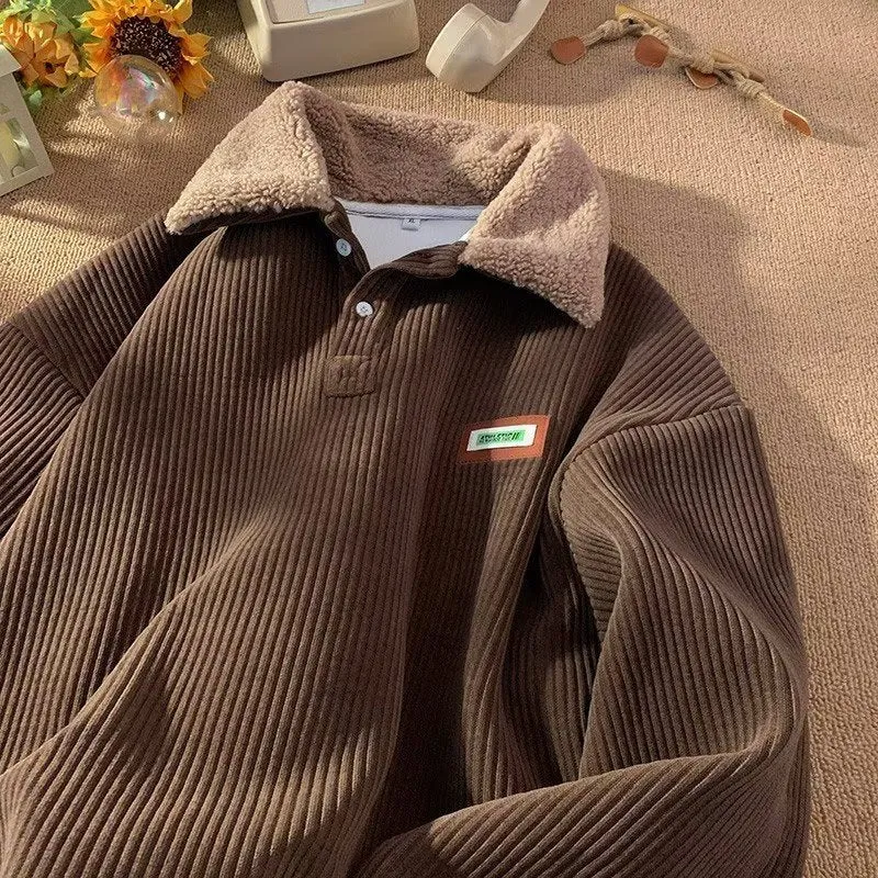 Advbridge fall outfits men Corduroy Polo Collar Sweater Men's Winter New Fleece-lined Thickened Lamb Wool Coat Men's Winter Hong Kong Style Teenagers
