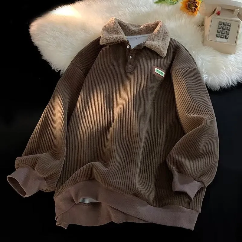 Advbridge fall outfits men Corduroy Polo Collar Sweater Men's Winter New Fleece-lined Thickened Lamb Wool Coat Men's Winter Hong Kong Style Teenagers