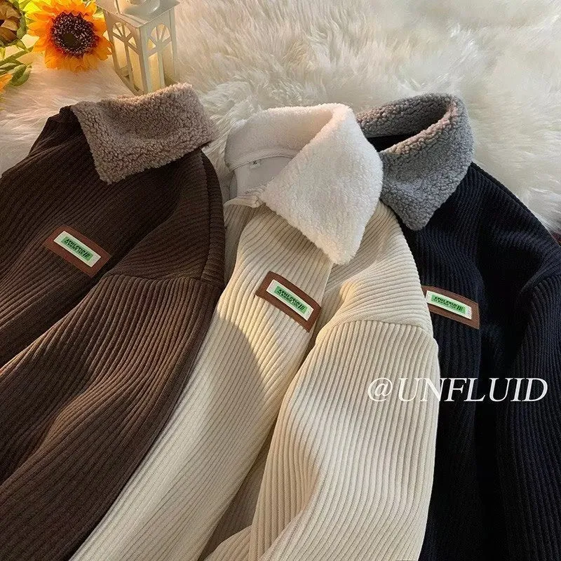 Advbridge fall outfits men Corduroy Polo Collar Sweater Men's Winter New Fleece-lined Thickened Lamb Wool Coat Men's Winter Hong Kong Style Teenagers