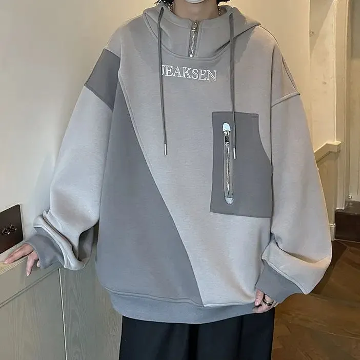 Aidase Autumn Winter Casual Men's Loose Sporty Cool Boys Soft Hoodie Pullover Shirt Top Versatile Pocket Solid Patchwork Letters