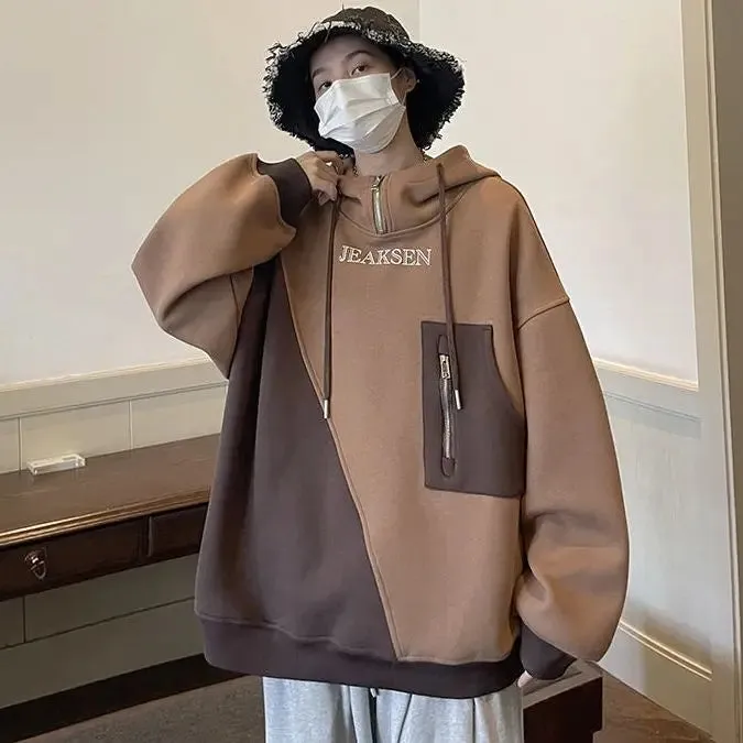 Aidase Autumn Winter Casual Men's Loose Sporty Cool Boys Soft Hoodie Pullover Shirt Top Versatile Pocket Solid Patchwork Letters