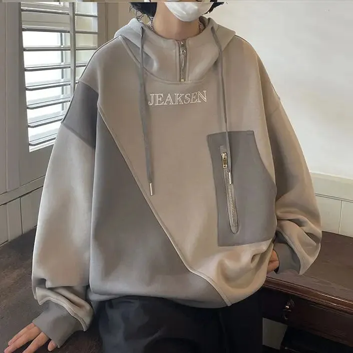 Aidase Autumn Winter Casual Men's Loose Sporty Cool Boys Soft Hoodie Pullover Shirt Top Versatile Pocket Solid Patchwork Letters