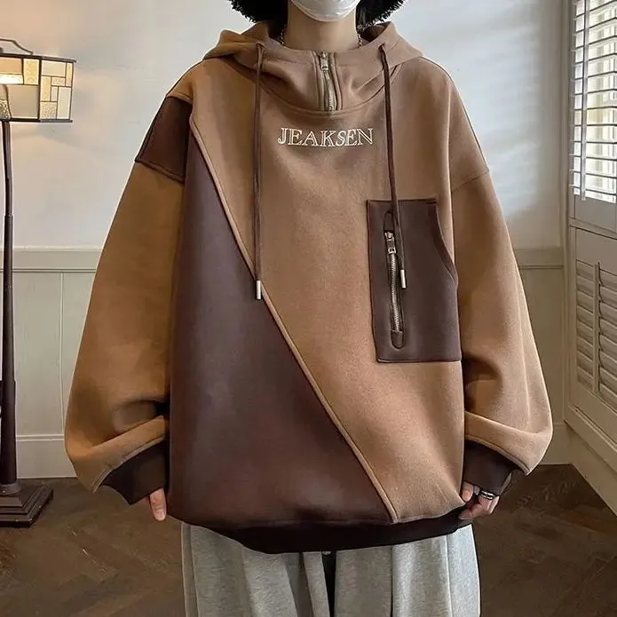 Aidase Autumn Winter Casual Men's Loose Sporty Cool Boys Soft Hoodie Pullover Shirt Top Versatile Pocket Solid Patchwork Letters