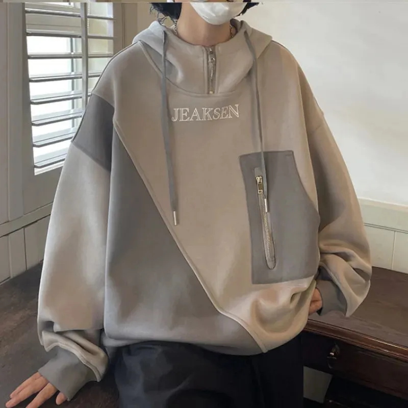 Aidase Autumn Winter Casual Men's Loose Sporty Cool Boys Soft Hoodie Pullover Shirt Top Versatile Pocket Solid Patchwork Letters