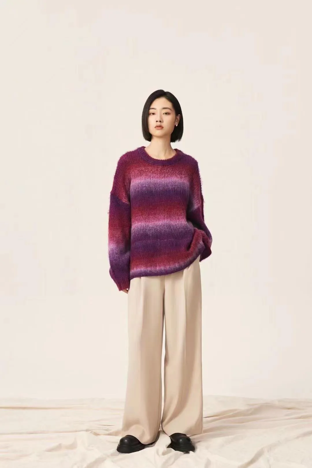 Amozae fall outfits women Lazy Retro Dyed Yarn Gradient Color Sweater Meinuo Wool Knitted Loose Pullover Coat for Women Autumn and Winter