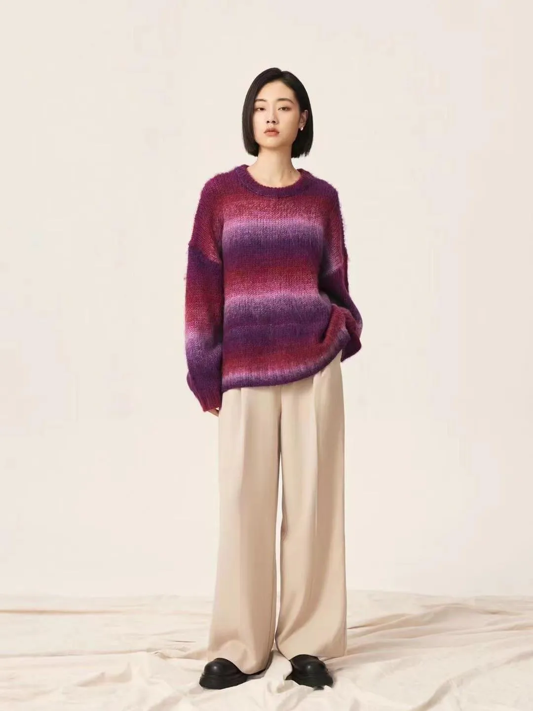 Amozae fall outfits women Lazy Retro Dyed Yarn Gradient Color Sweater Meinuo Wool Knitted Loose Pullover Coat for Women Autumn and Winter