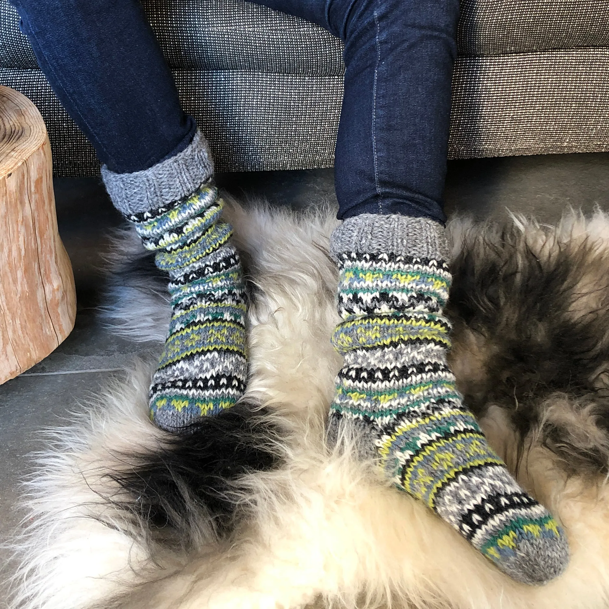 ANEKA Fair Isle Wool Jersey Lined Slipper Socks UK3-5