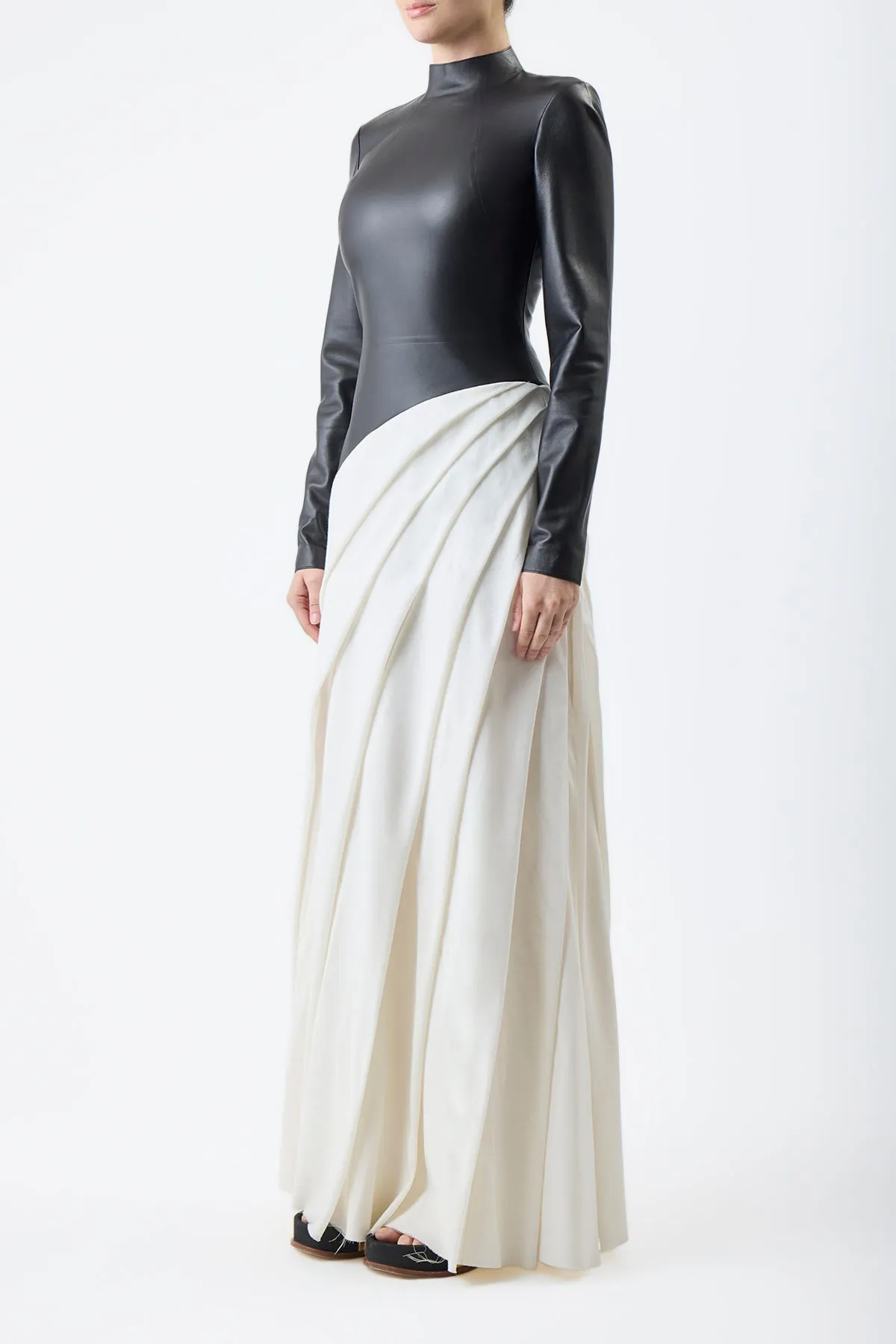 Aulay Pleated Dress in Black Nappa Leather & Cashmere Wool