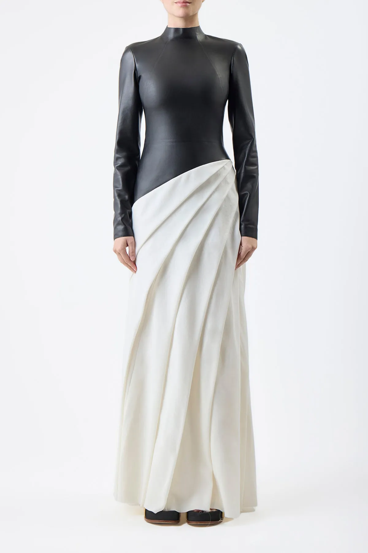 Aulay Pleated Dress in Black Nappa Leather & Cashmere Wool