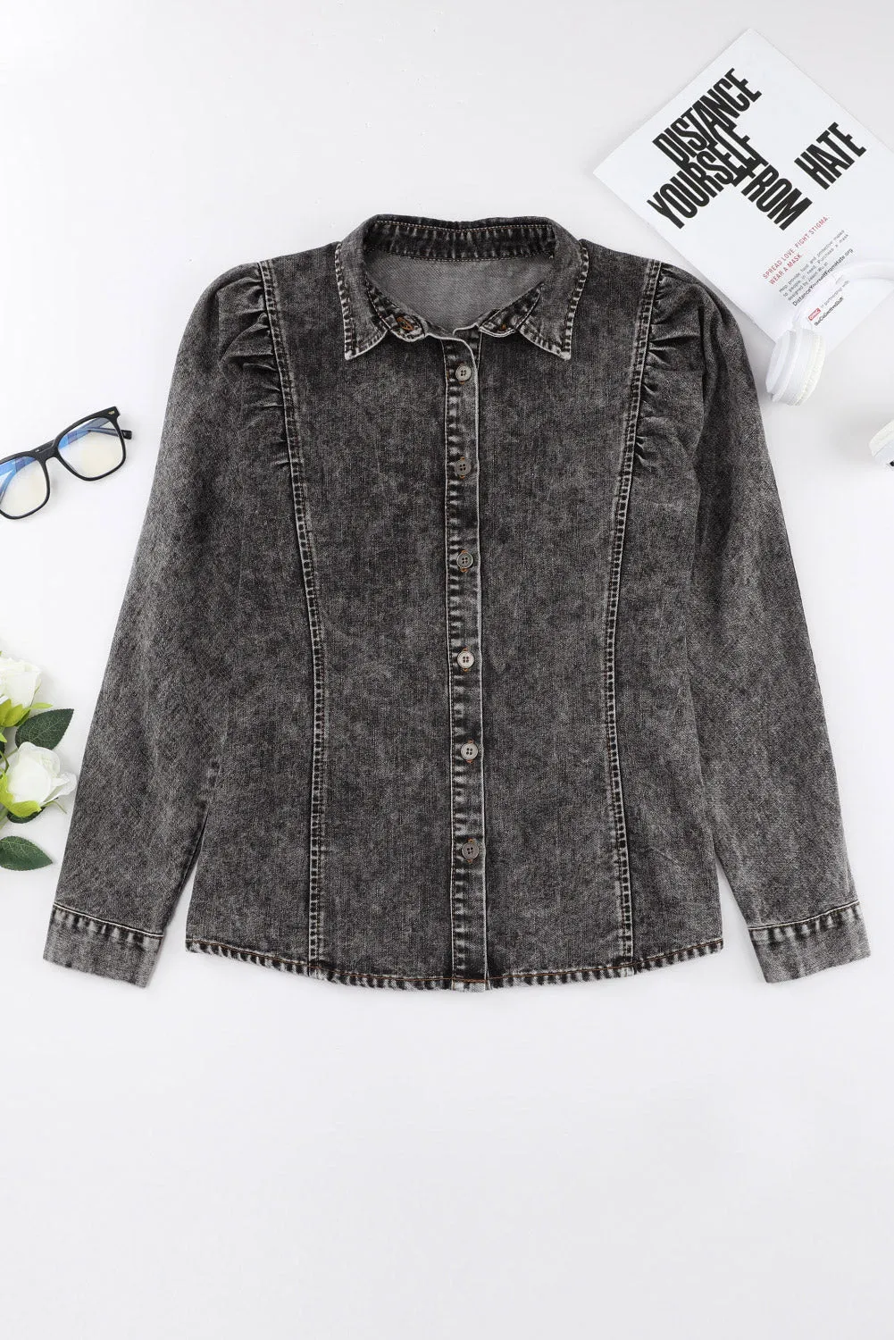 BerryBetty - Black Puff Sleeve Button-Up Denim Jacket