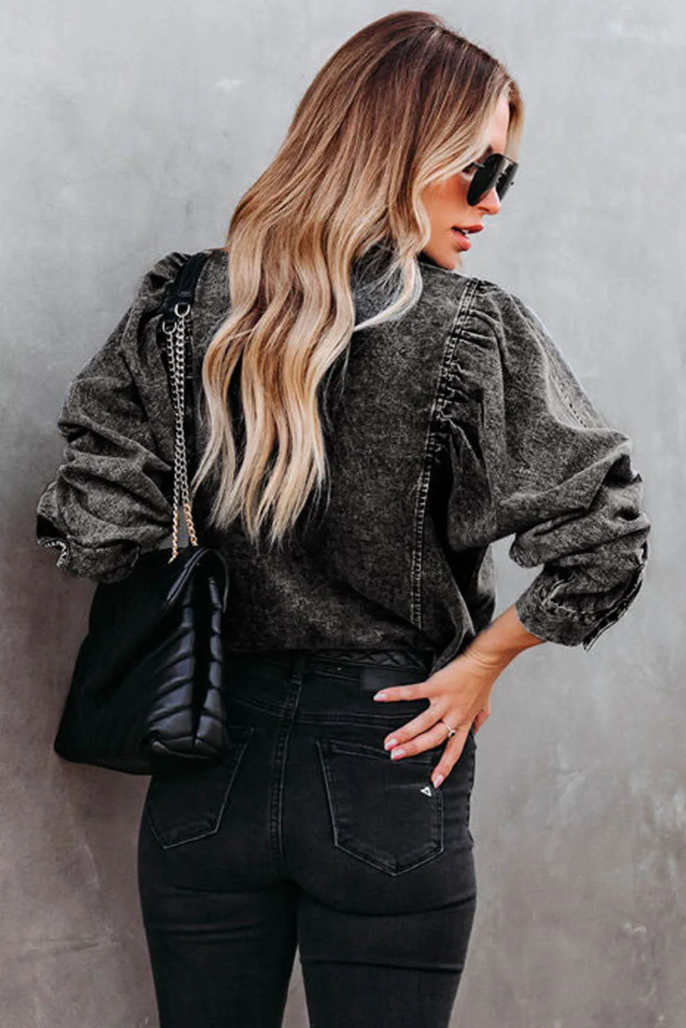 BerryBetty - Black Puff Sleeve Button-Up Denim Jacket