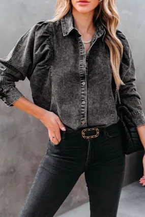 BerryBetty - Black Puff Sleeve Button-Up Denim Jacket