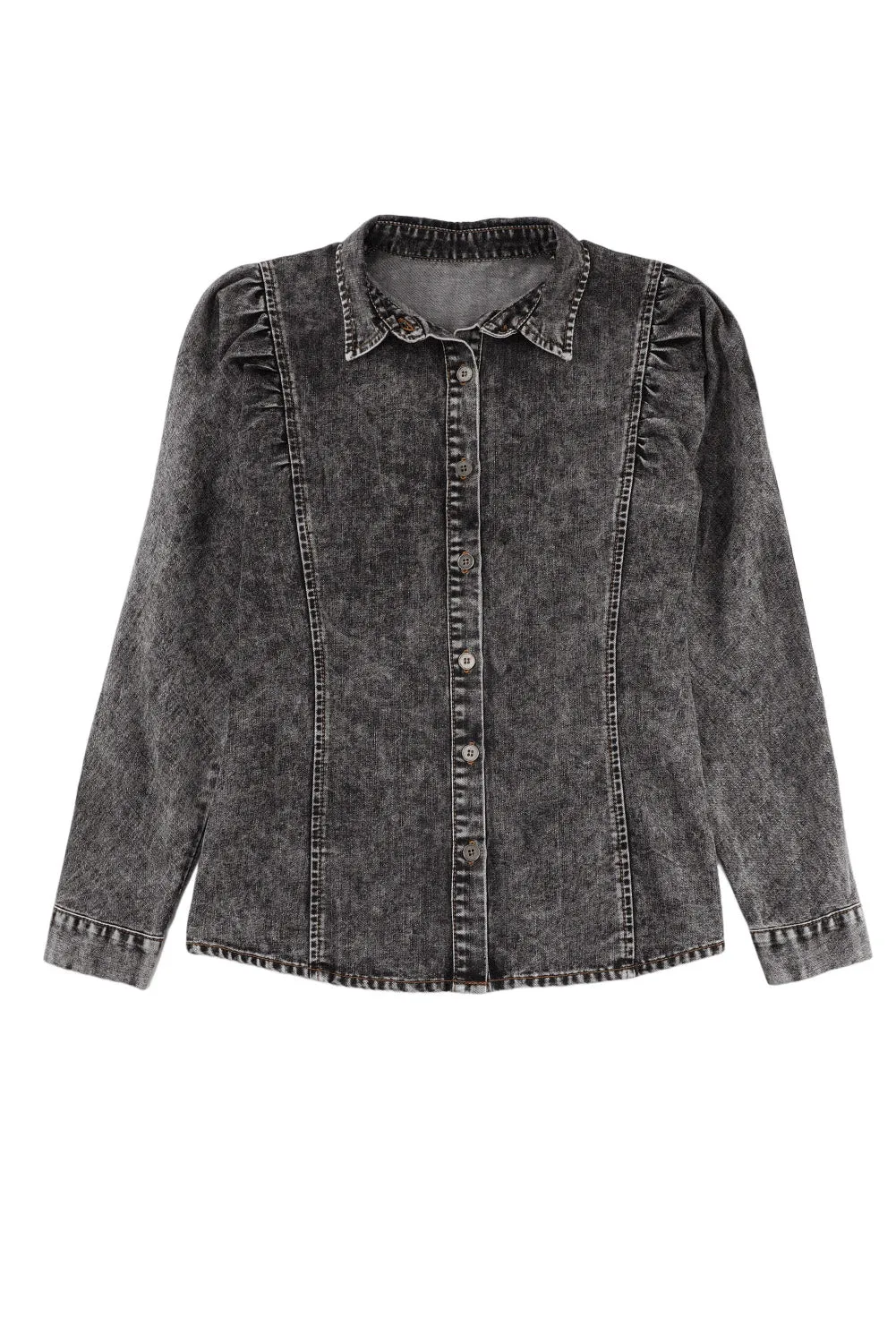 BerryBetty - Black Puff Sleeve Button-Up Denim Jacket