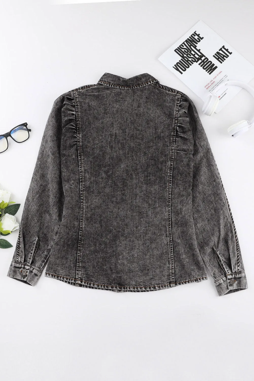 BerryBetty - Black Puff Sleeve Button-Up Denim Jacket