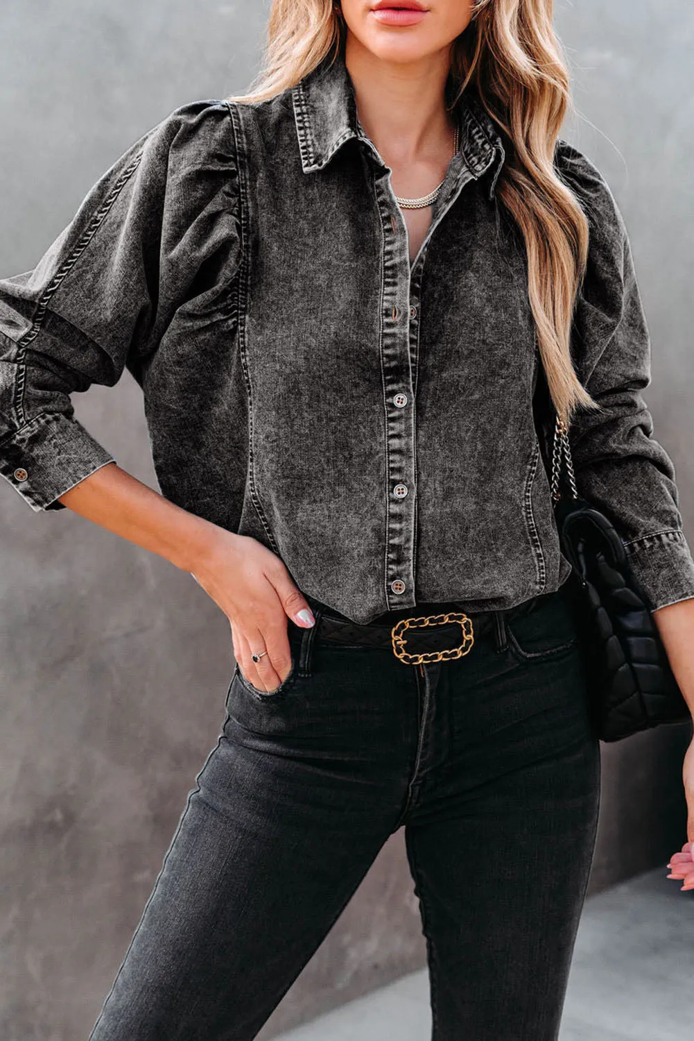 BerryBetty - Black Puff Sleeve Button-Up Denim Jacket