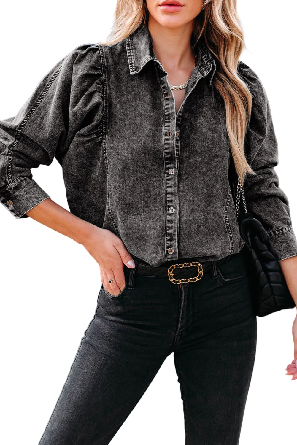 BerryBetty - Black Puff Sleeve Button-Up Denim Jacket