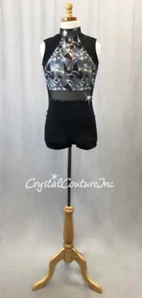 Black & Silver Geometric Print Metallic Lycra Biketard - Rhinestones