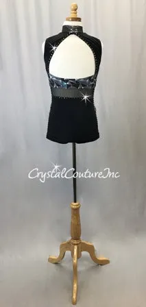 Black & Silver Geometric Print Metallic Lycra Biketard - Rhinestones