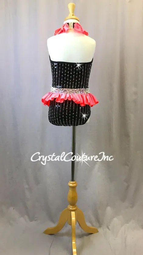 Black Leotard with Coral Accent Ruffles - Swarovski Rhinestones