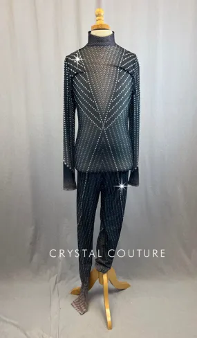 Black Mesh Body Suit With Polka Dot Pattern and Rhinestones
