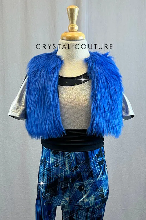 Blue Black and White Print Lycra Bodysuit with Blue Fur Vest
