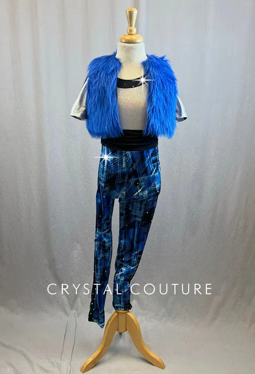 Blue Black and White Print Lycra Bodysuit with Blue Fur Vest