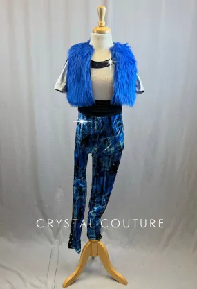 Blue Black and White Print Lycra Bodysuit with Blue Fur Vest