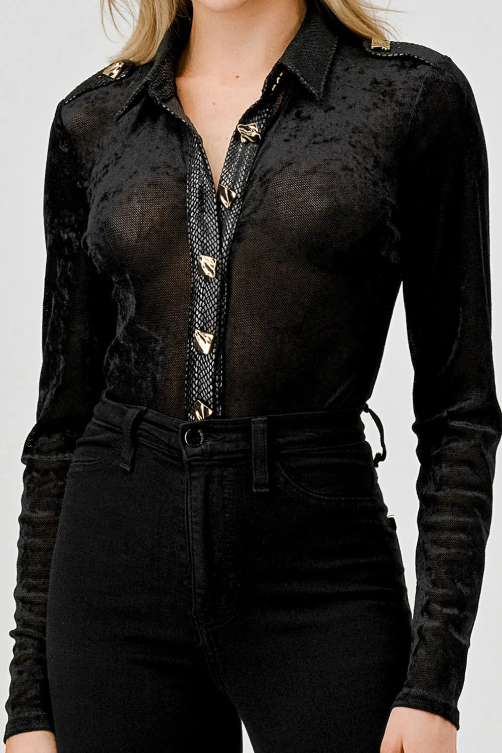 BLUSHED MESH GOLD BUTTON DOWN BODYSUIT
