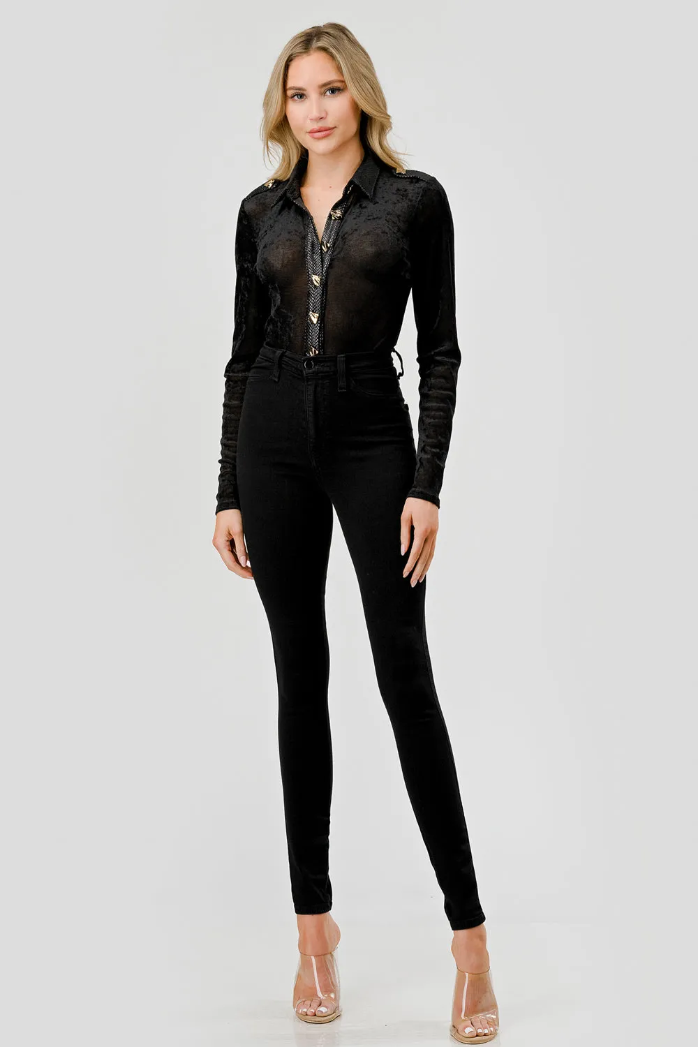 BLUSHED MESH GOLD BUTTON DOWN BODYSUIT