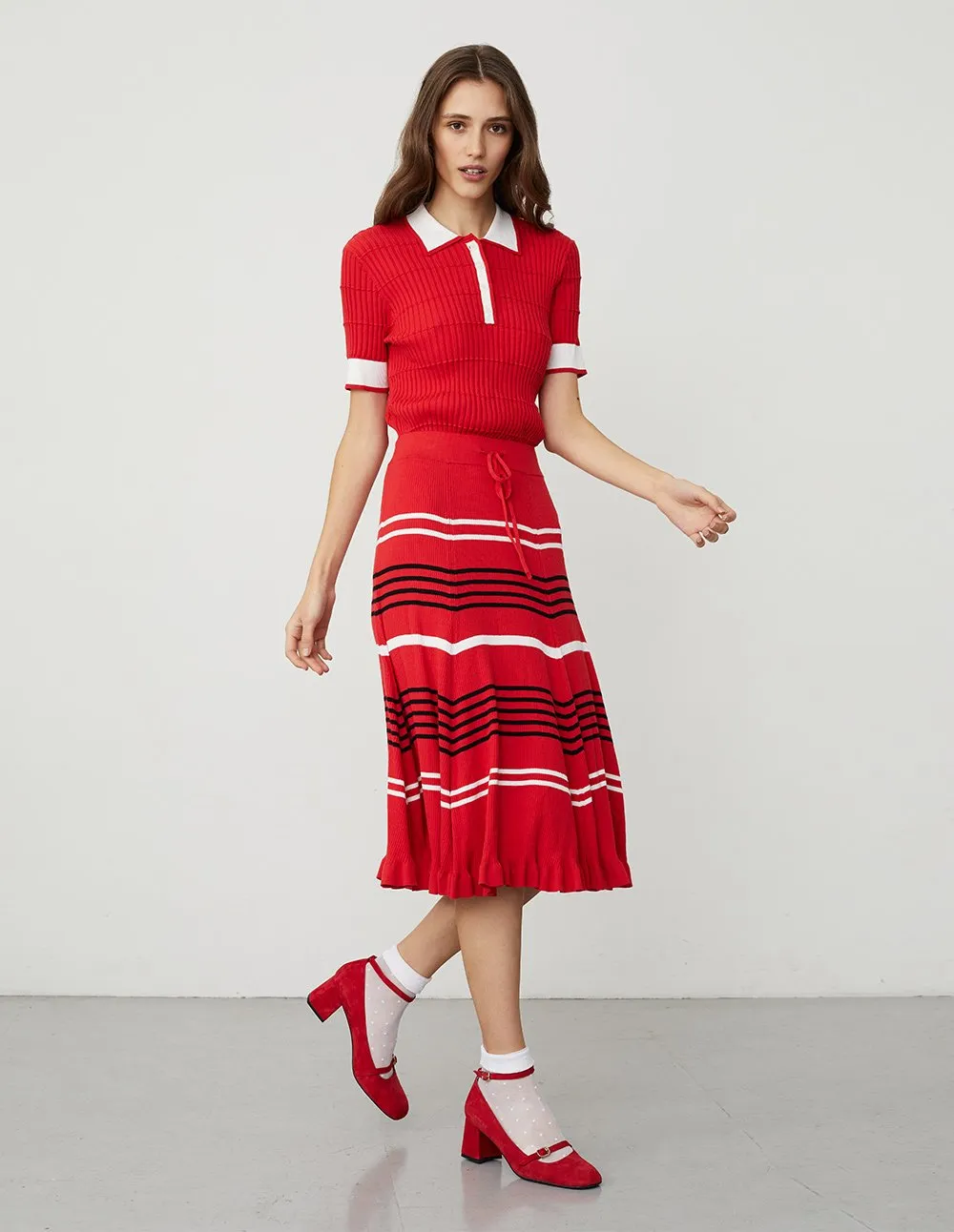 BORA AKSU Contrasted Color Polo Collar Short Sleeve Knit Top