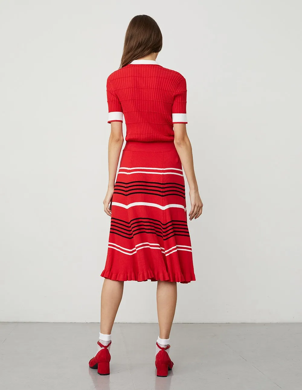 BORA AKSU Contrasted Color Polo Collar Short Sleeve Knit Top
