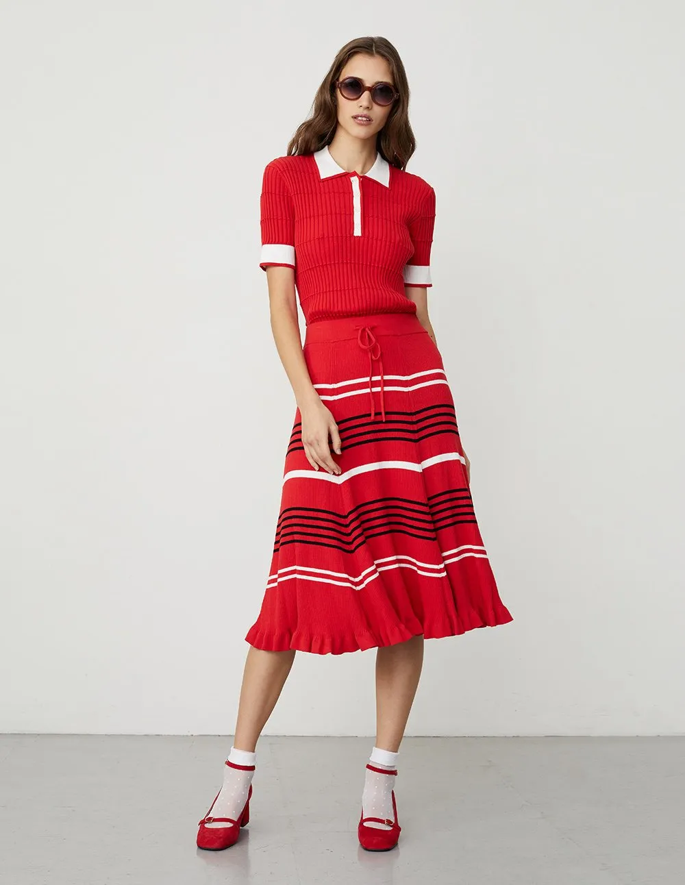 BORA AKSU Contrasted Color Polo Collar Short Sleeve Knit Top