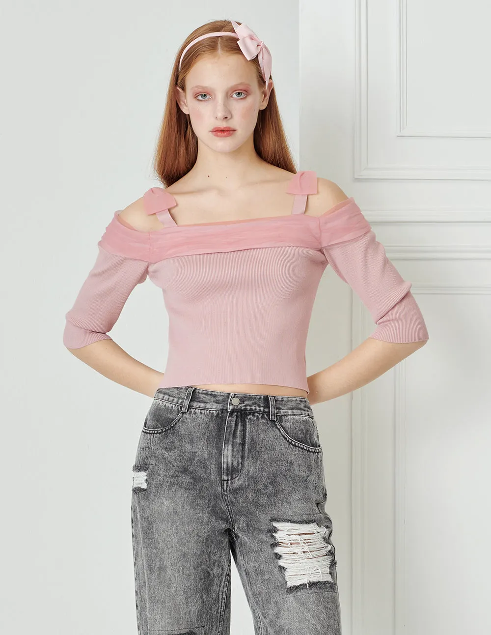 BORA AKSU Light Pink Off Shoulder Knit Sweater