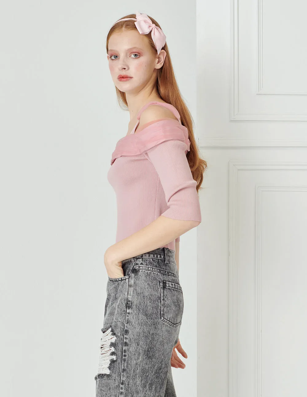 BORA AKSU Light Pink Off Shoulder Knit Sweater