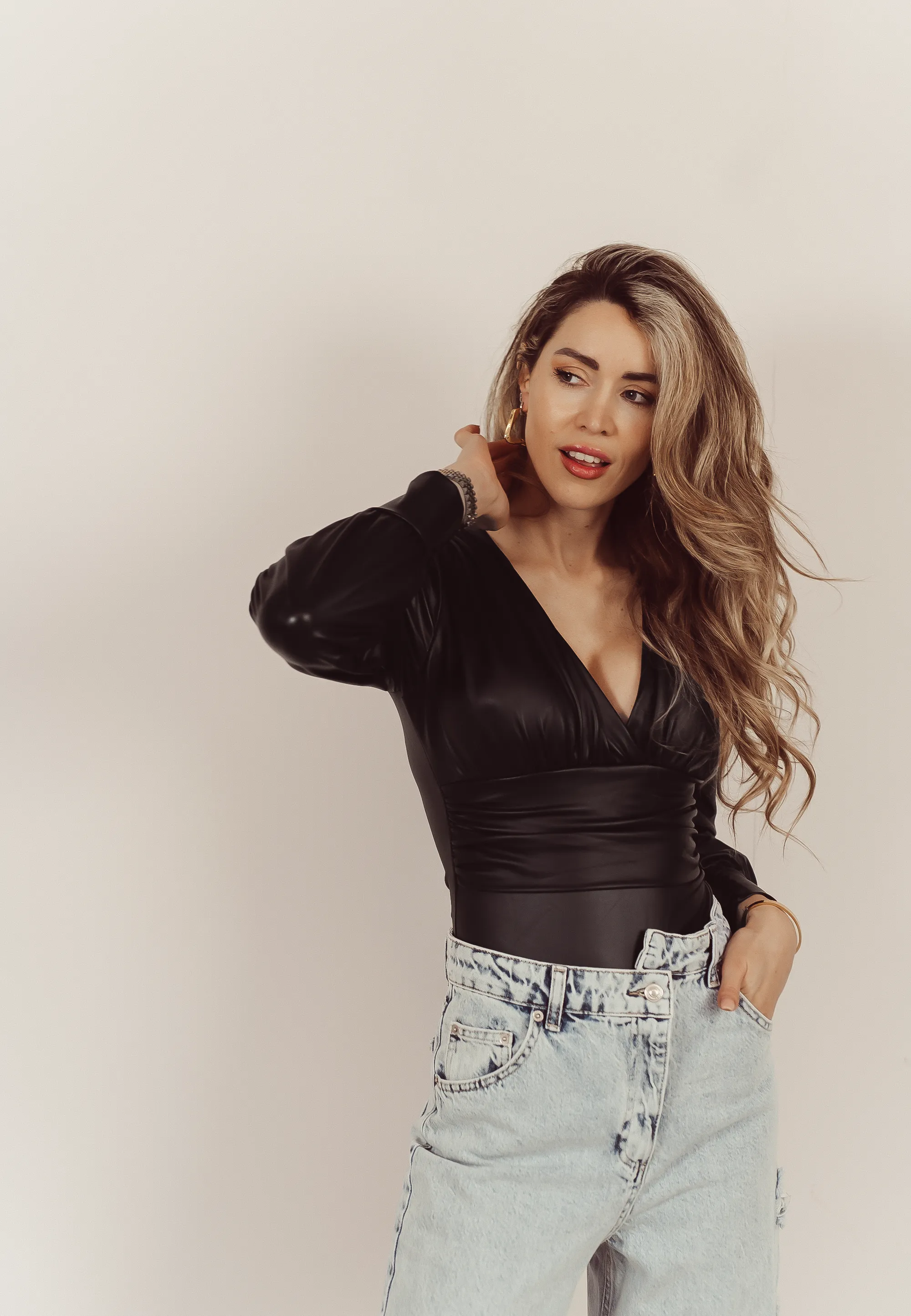 BREE - Faux Leather Bodysuit in Black