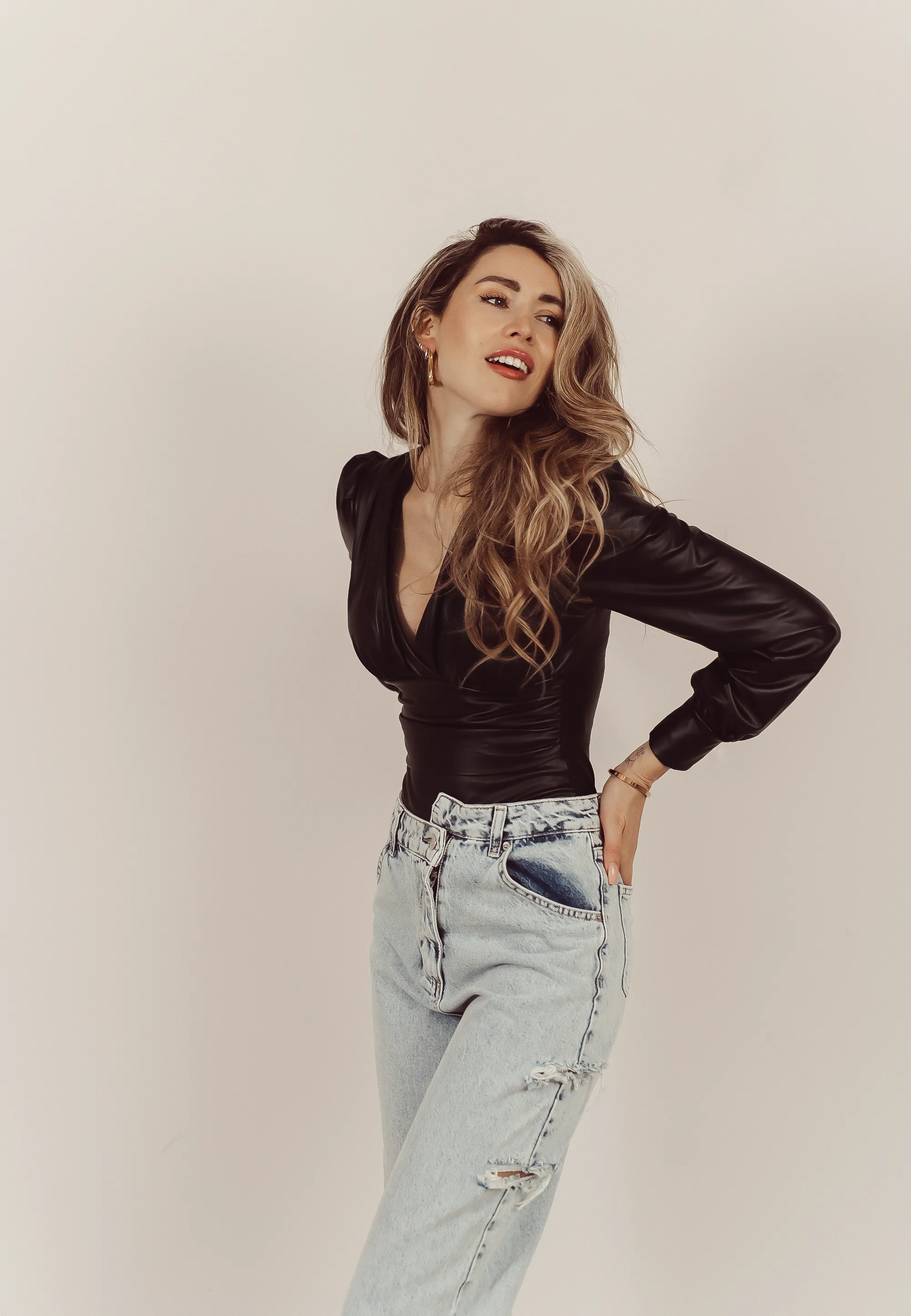 BREE - Faux Leather Bodysuit in Black