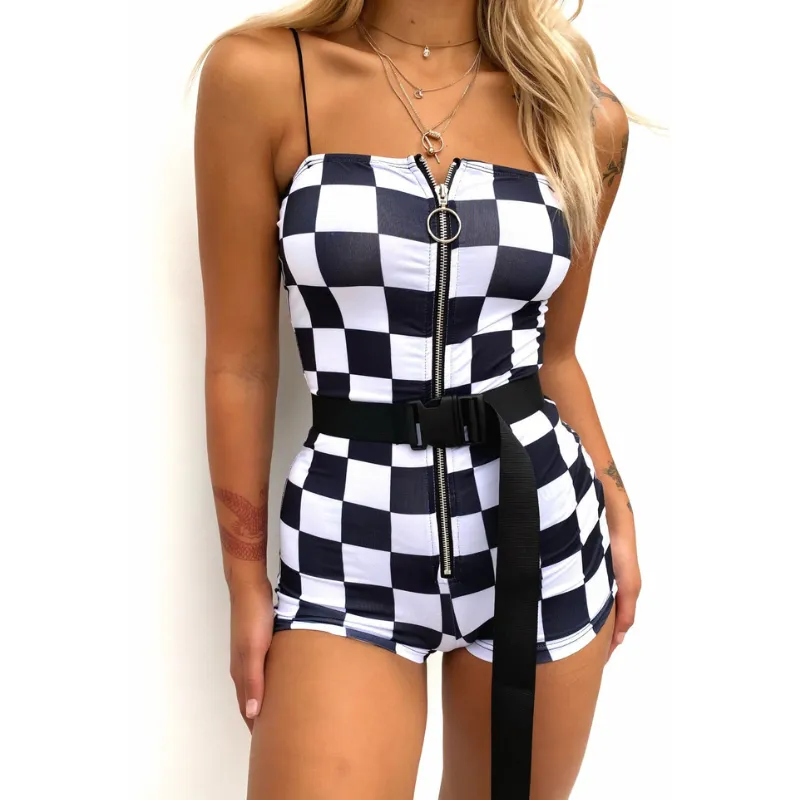 Checks Mini Romper | Checkered Mini Jumpsuit With Buckle Belt
