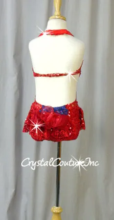 Custom Red Floral Sequin Lace Leotard/Skirt with Blue Accents - Swarovski Rhinestones