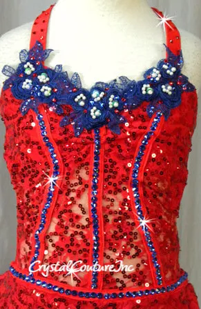 Custom Red Floral Sequin Lace Leotard/Skirt with Blue Accents - Swarovski Rhinestones