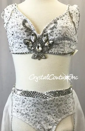 Custom White Floral Lace Top & Trunks/Half Skirt - Swarovski Rhinestones