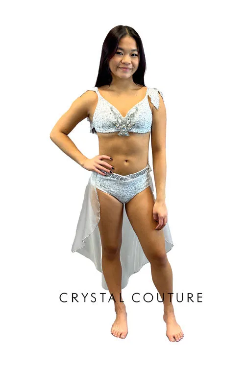 Custom White Floral Lace Top & Trunks/Half Skirt - Swarovski Rhinestones