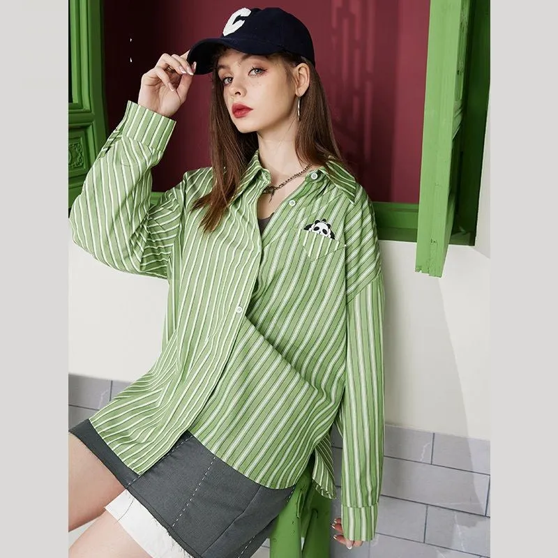Fairy green long-sleeved striped shirt women's 2023 spring and autumn new style