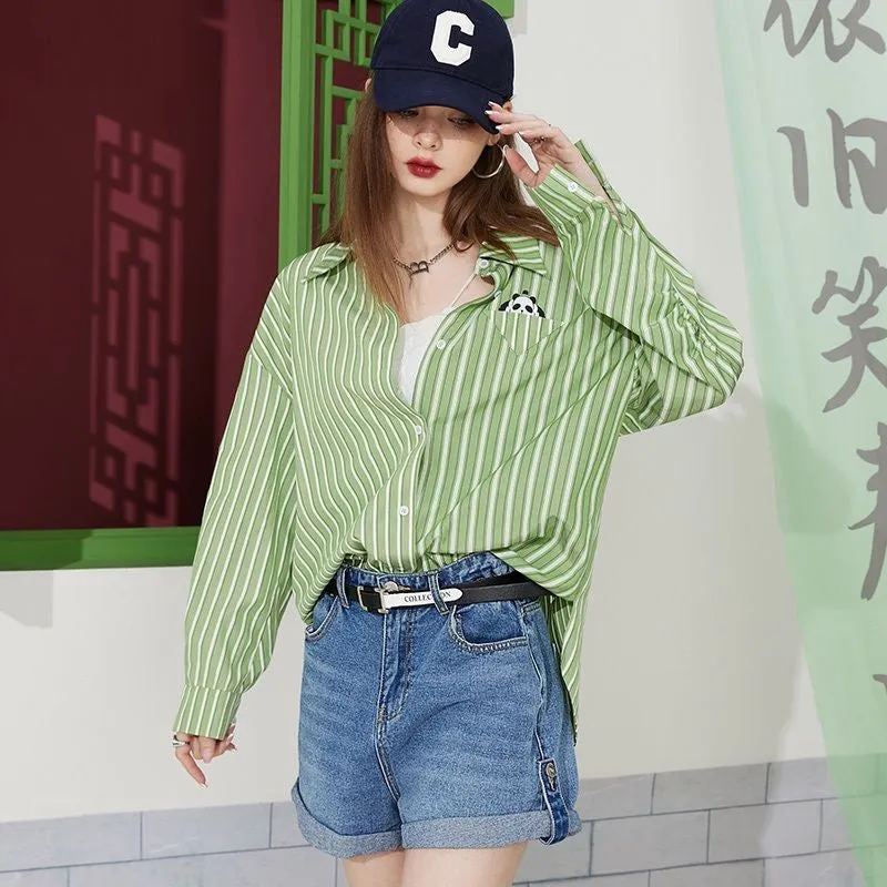 Fairy green long-sleeved striped shirt women's 2023 spring and autumn new style