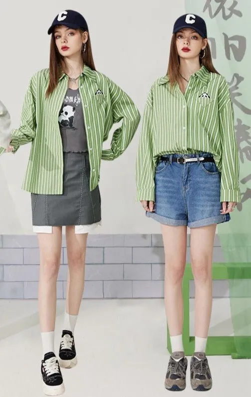 Fairy green long-sleeved striped shirt women's 2023 spring and autumn new style