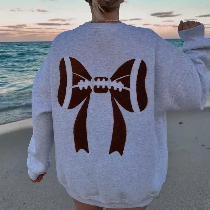 Flytonn-Women Casual Sweatshirt Sporty Aesthetic Clothes Letters Football Print Hoodie Pullover Autumn Long Sleeve Crew Neck Baggy Tops