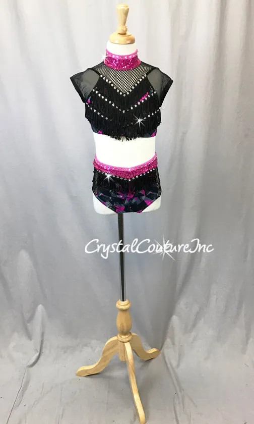 Fuchsia/Black/Grey 2 Pc Top & Boy Shorts w/Fringe - Swarovski Rhinestones